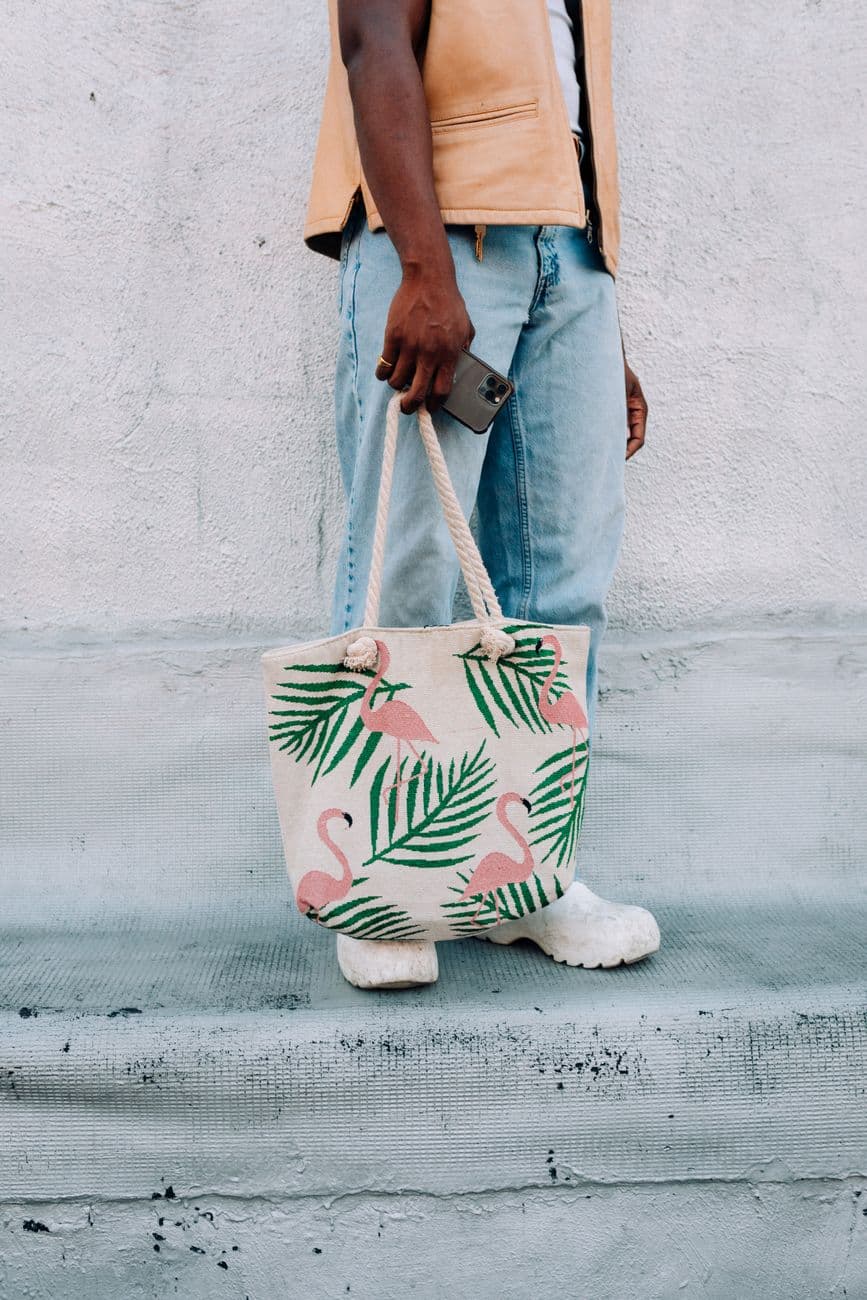 Handcrafted canvas tote bag with flamingo and palm pattern