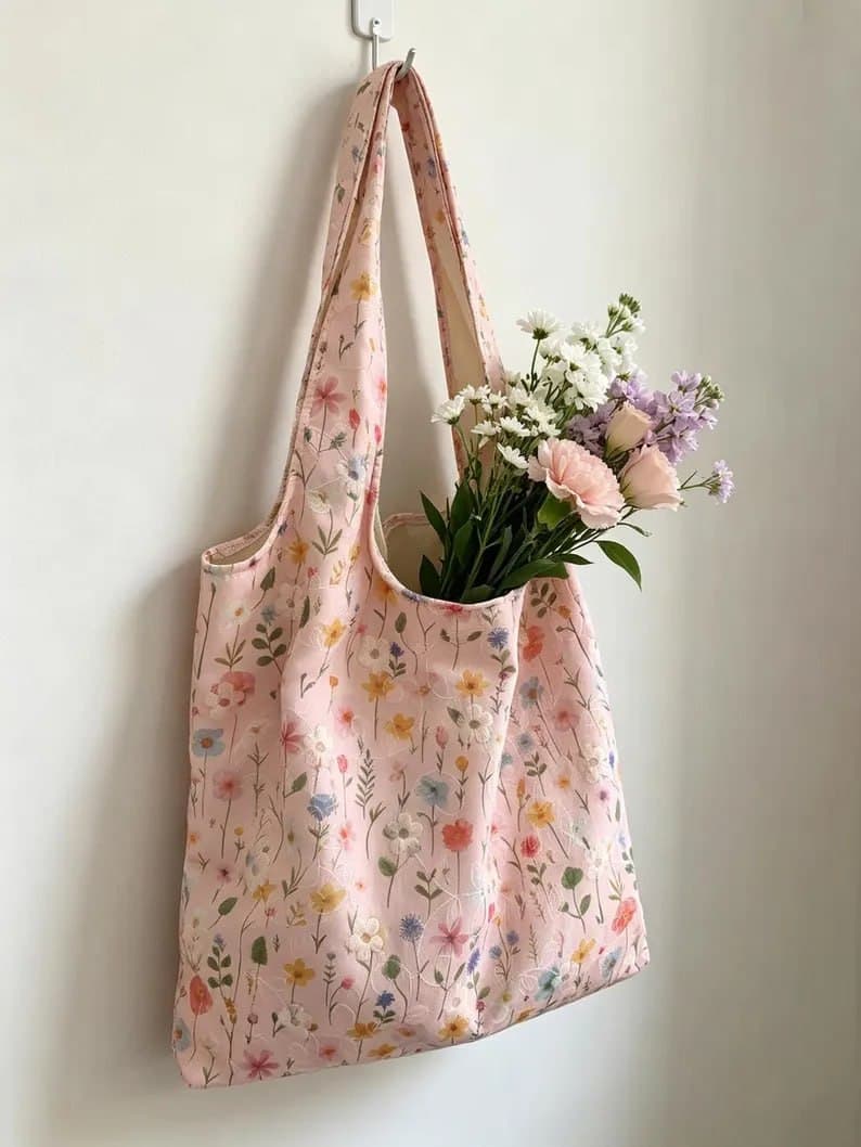 Floral embroidered canvas tote bag with fresh blooms